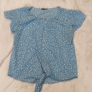 West Kei Blue and White Floral Tie Hem Blouse